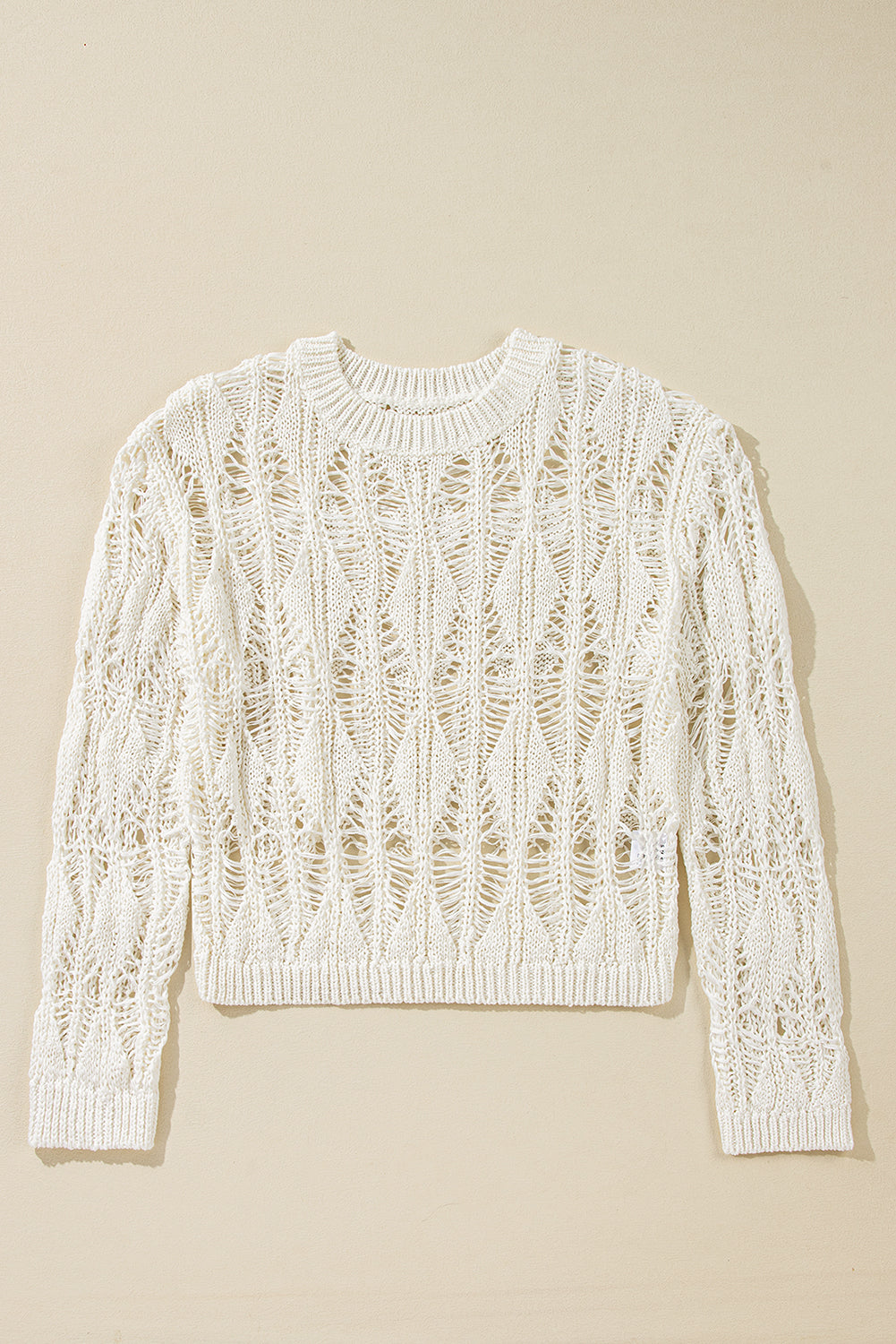 White Crochet Crew Neck Loose Fit Sweater