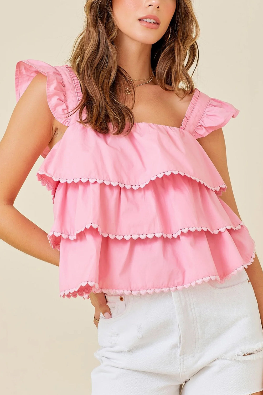 Pink Tiered Heart Trim Square Neck Top