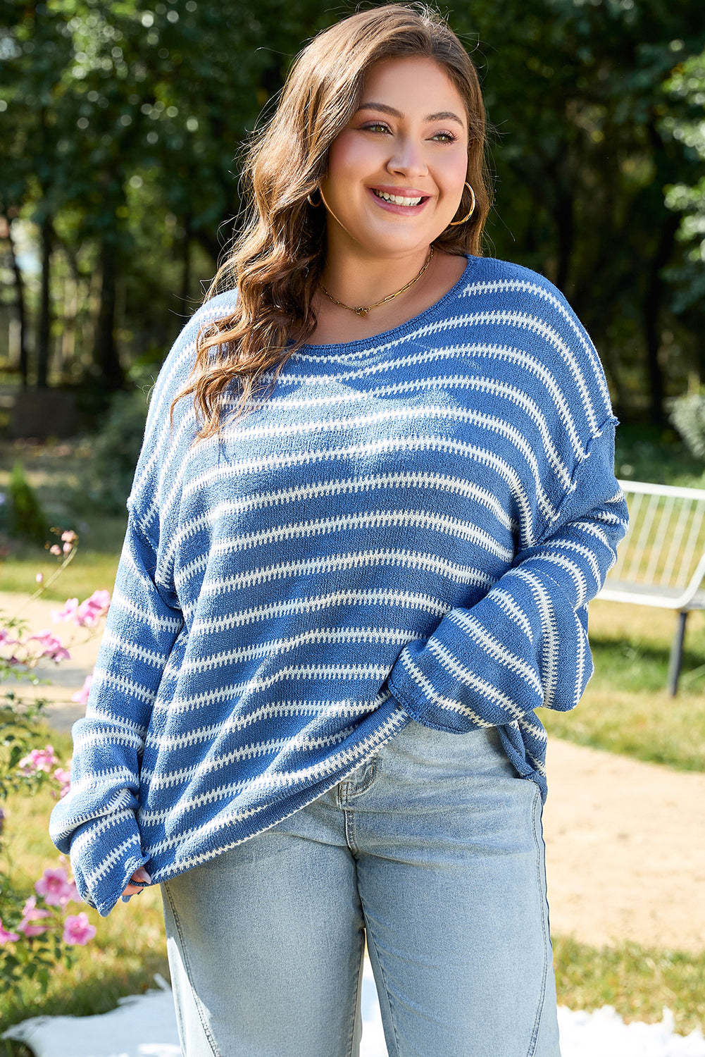 Sky Blue Striped Plus Size Sweater