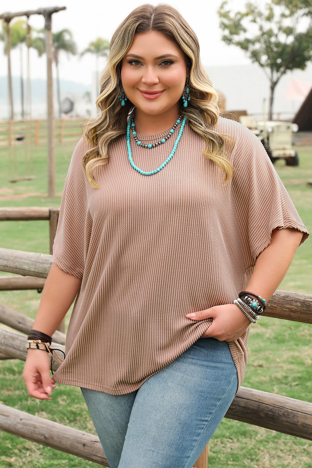Smoke Orange Ribbed Plus Size Knit T Shirt