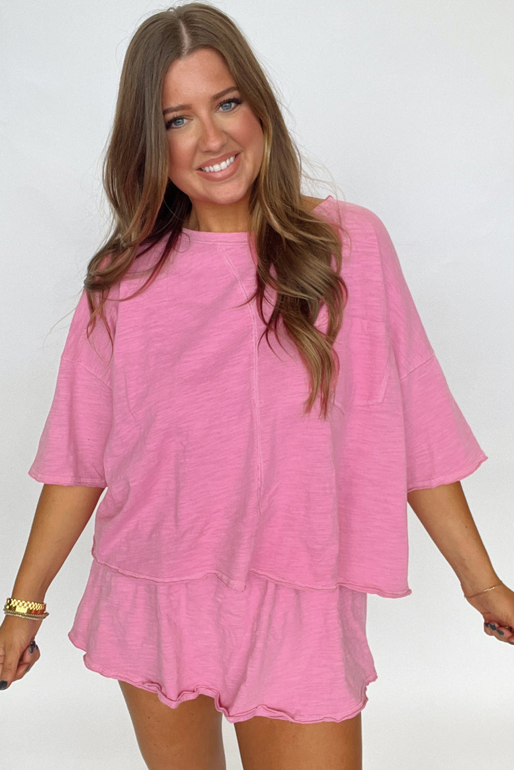 Sachet Pink Loose Fit Half Sleeve Shirt and Skirt Set