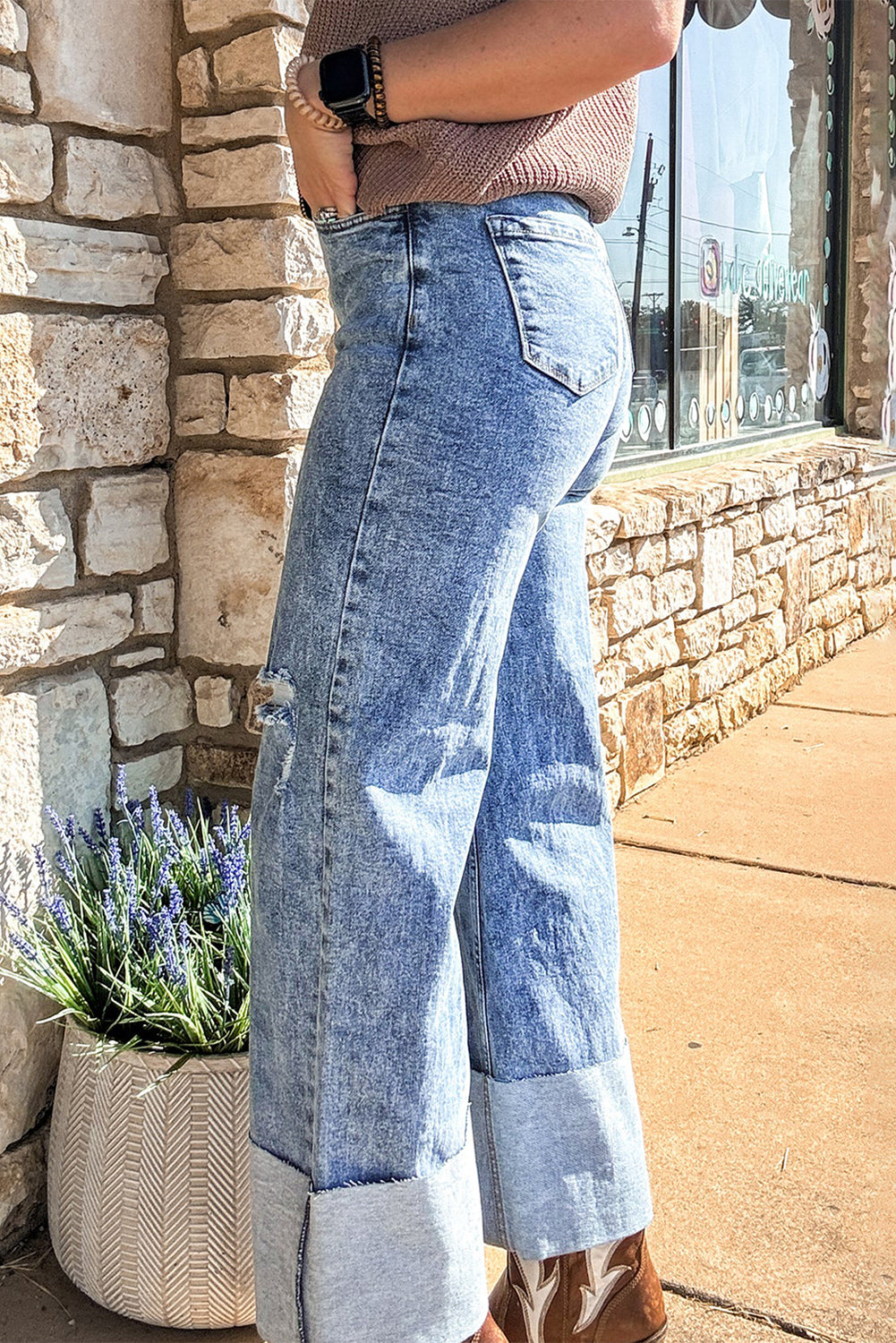 ‘Ashleigh’ Mineral Wash Distressed Wide Leg Jeans
