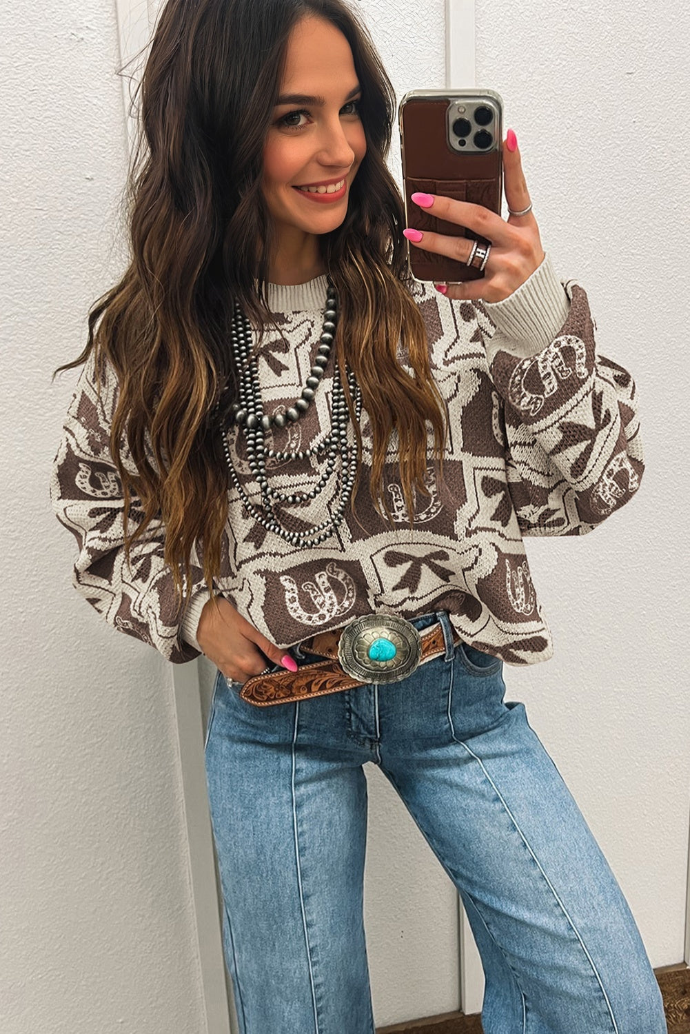 Brown Bows & Horseshoes Western Print Sweater