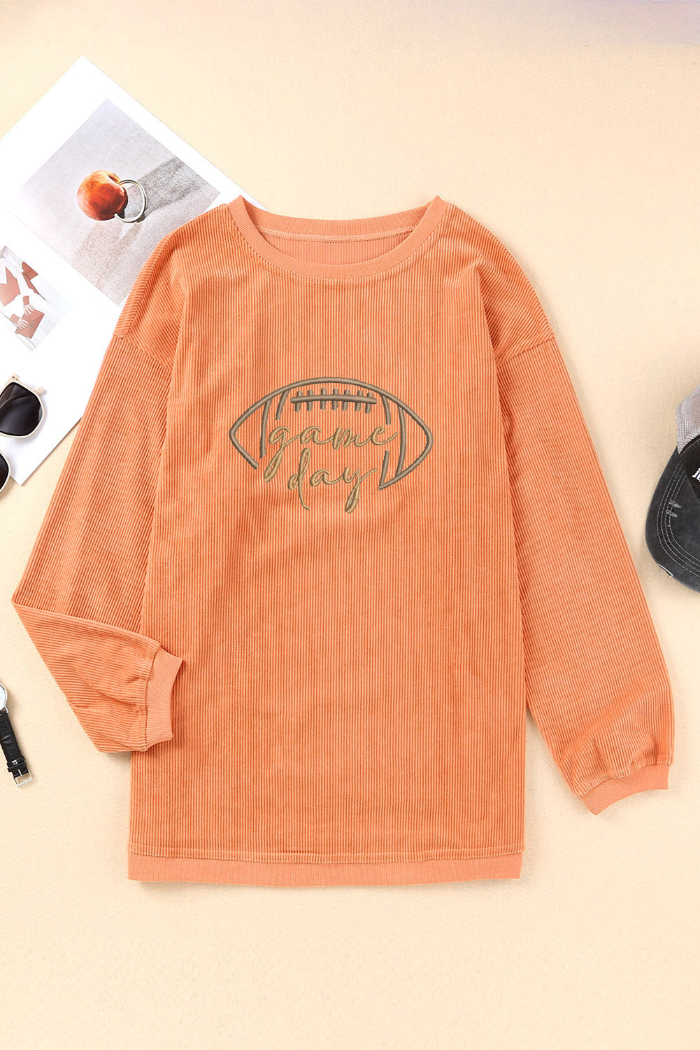 Orange Football Game Day Embroidered Corduroy Sweatshirt
