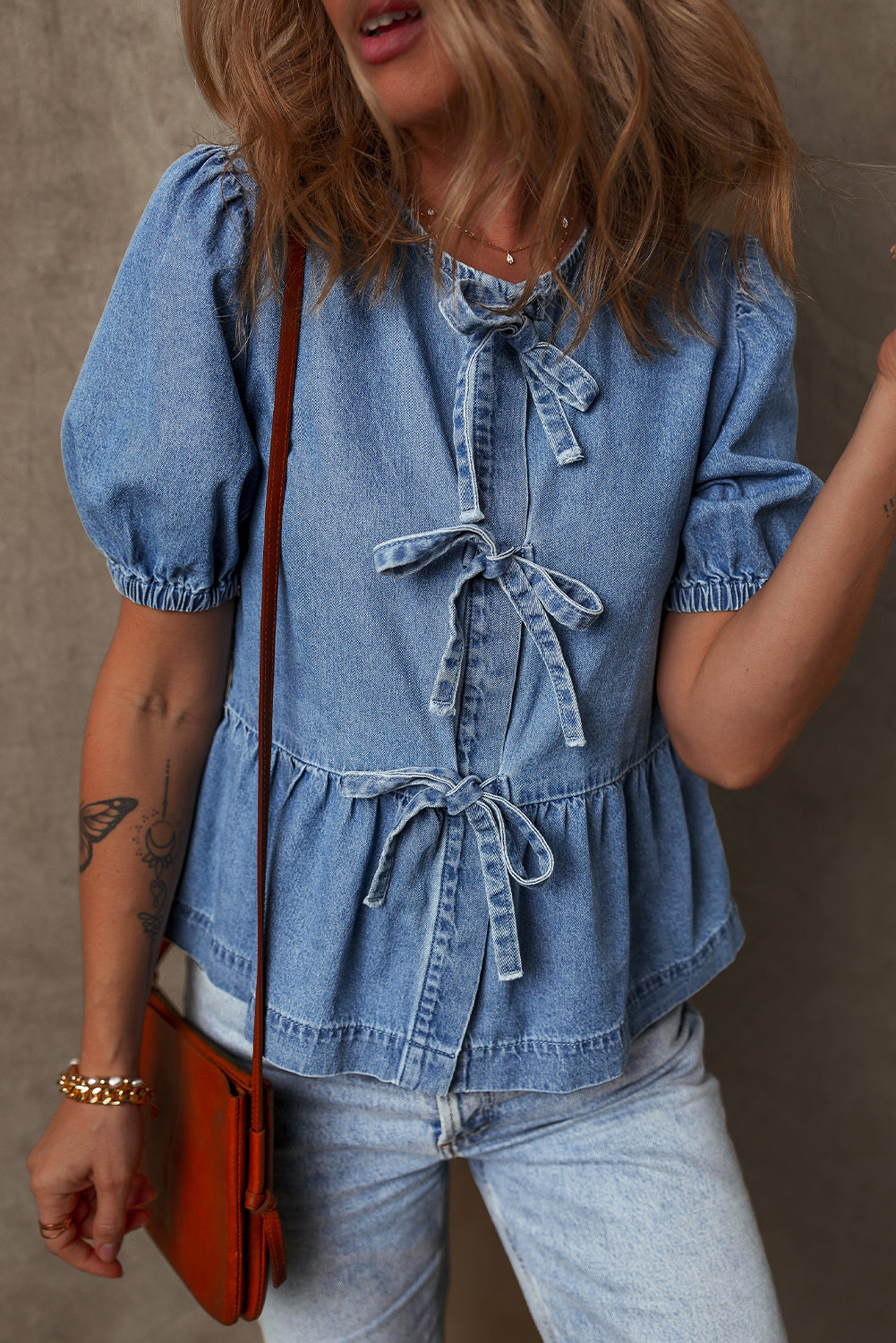 Denim Blue Tied Front Bubble Sleeve Shirt