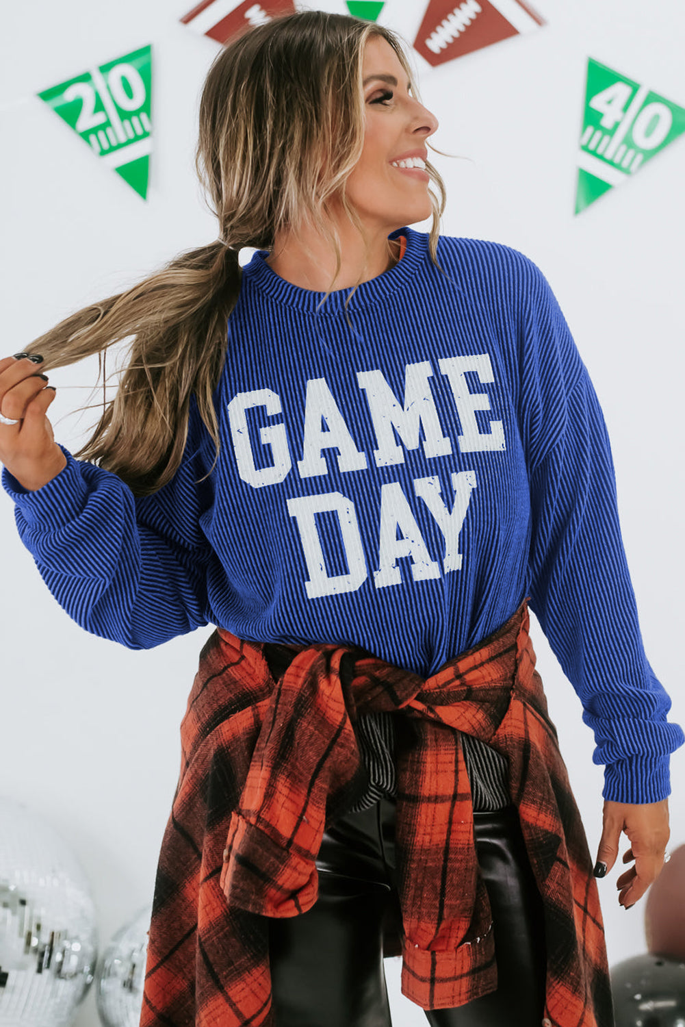 Blue Corded ‘GAME DAY’ Graphic Long Sleeve Top