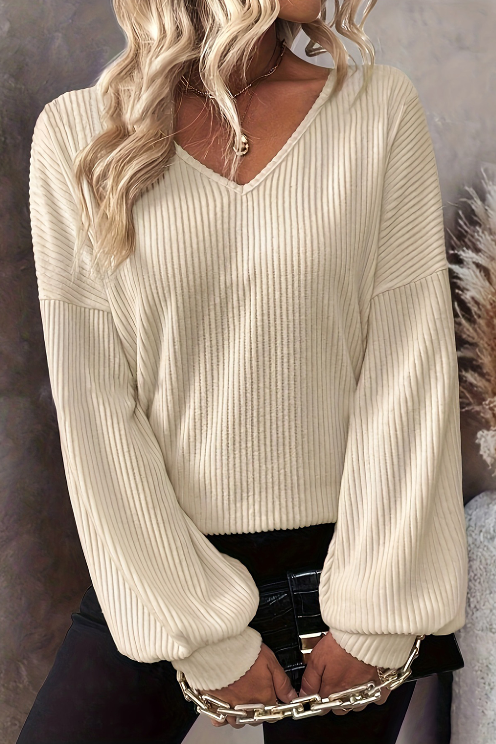 White Knot Ribbed Long Sleeve Blouse