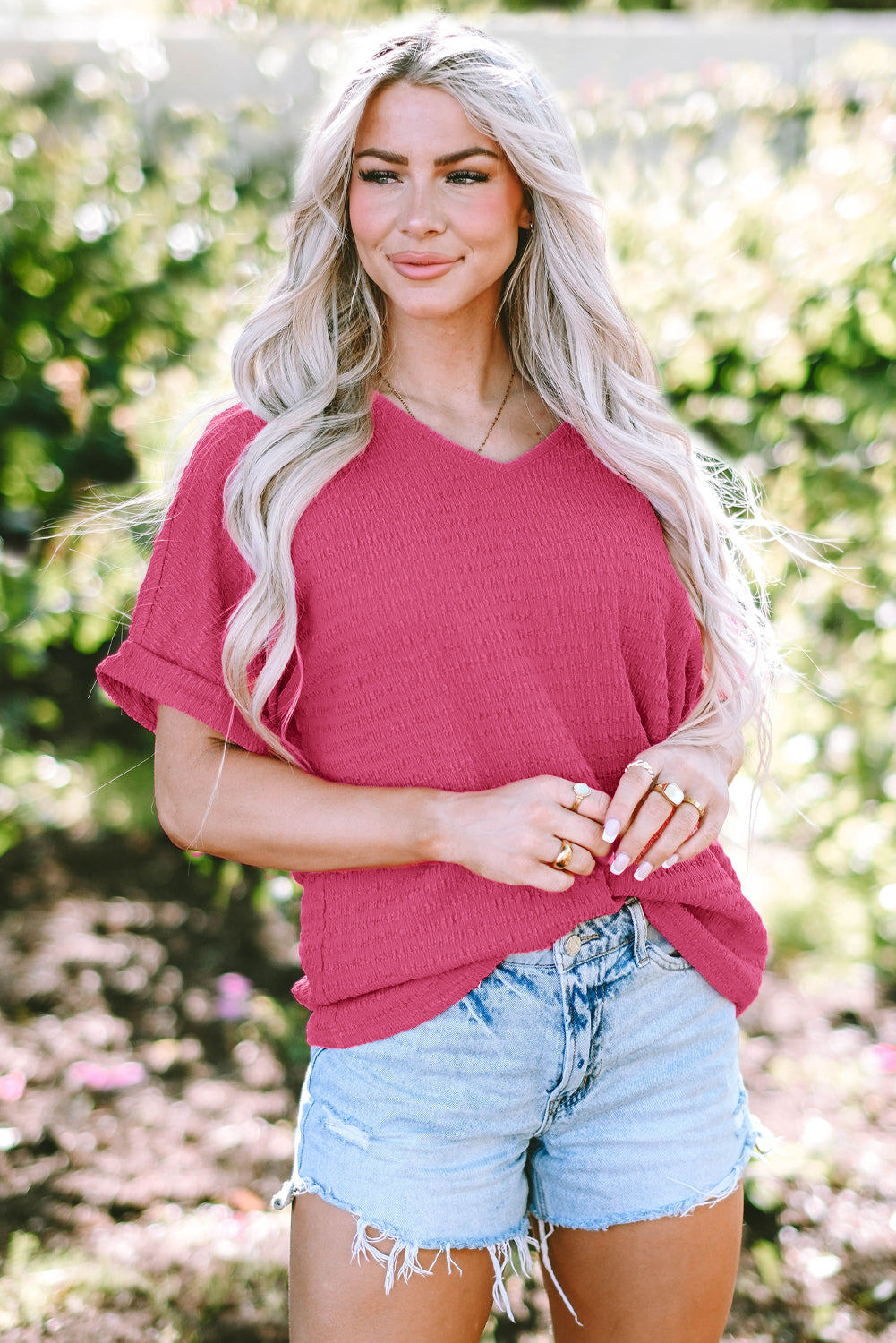 Bright Pink Textured V Neck Tee