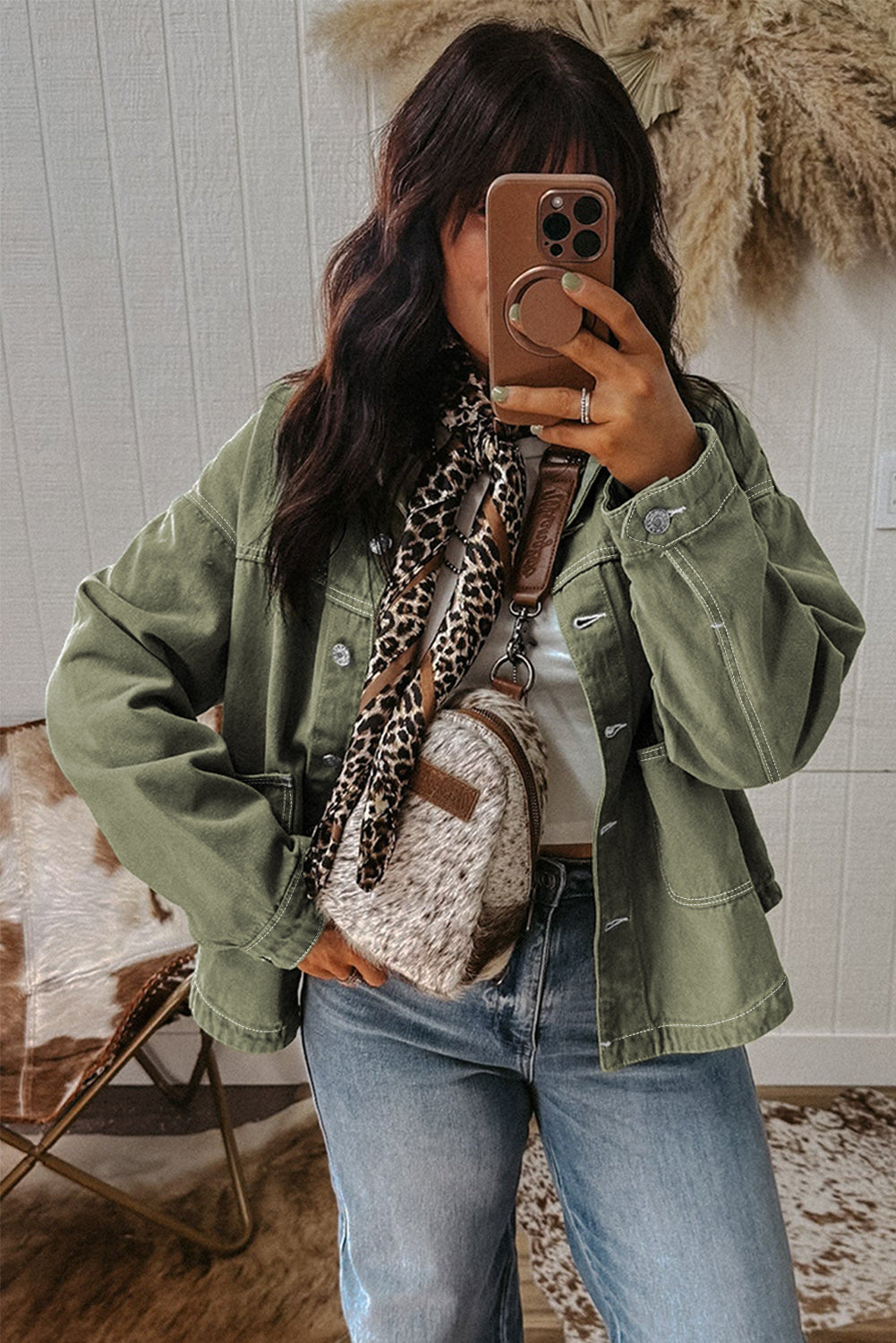 Faded Green Patched Boyfriend Denim Jacket