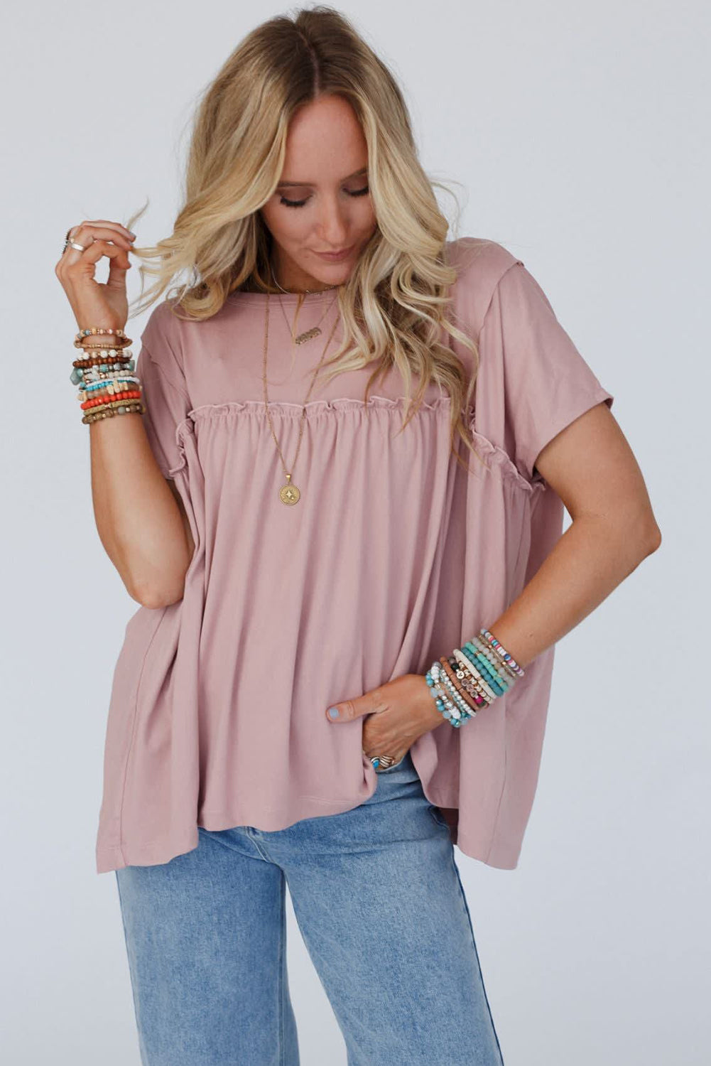 Light Pink Ruffled Trim Babydoll Tee
