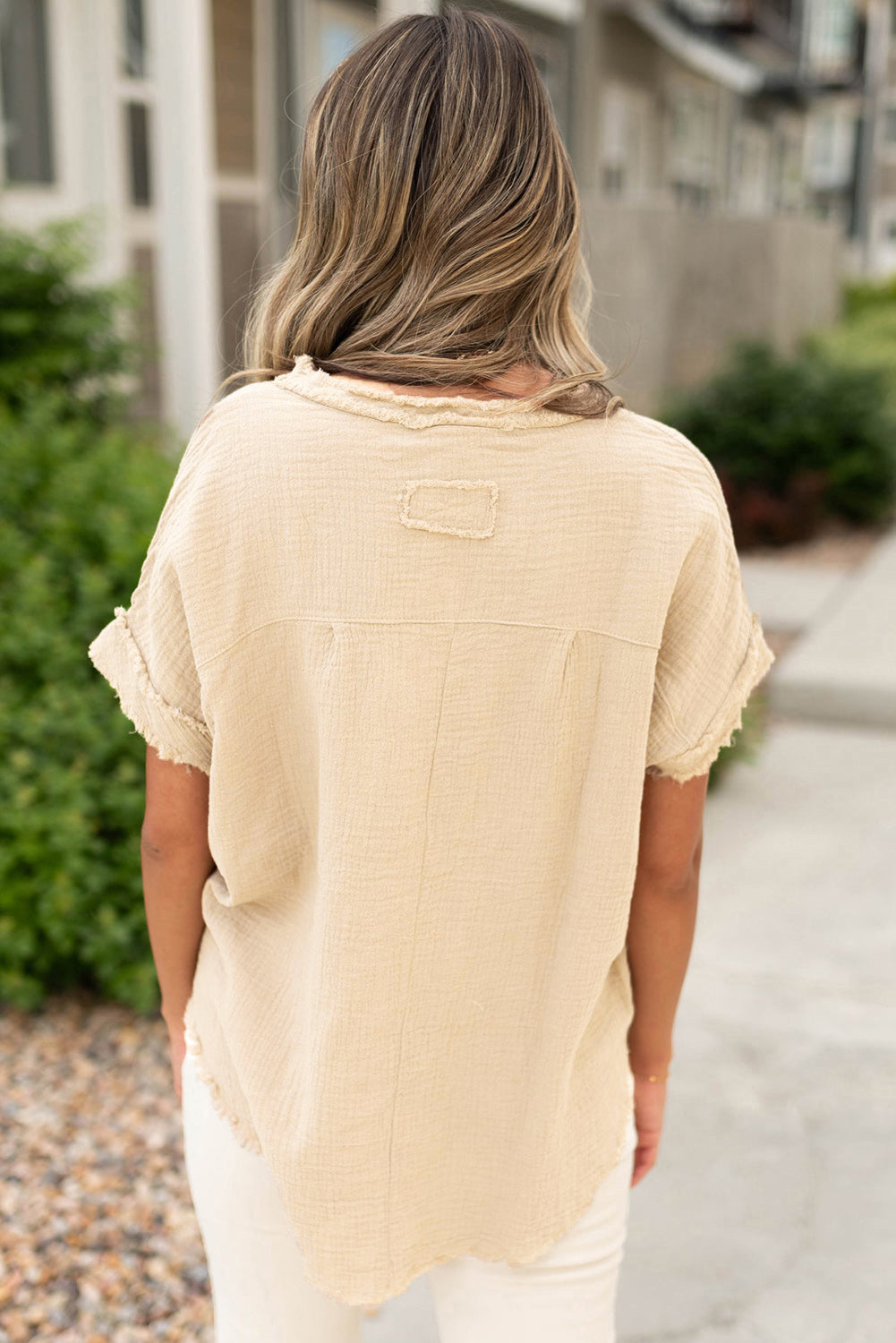 Parchment Crinkle Textured Half Button Short Sleeve Top
