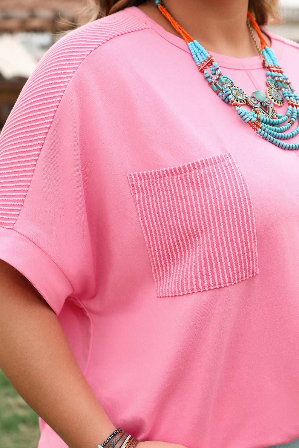 Pink Corded Patchwork Pocketed Plus Size T Shirt