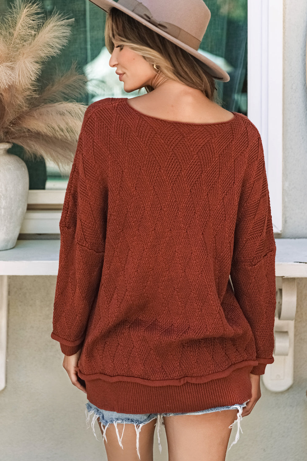Burnt Orange Textured Crew Neck Sweater