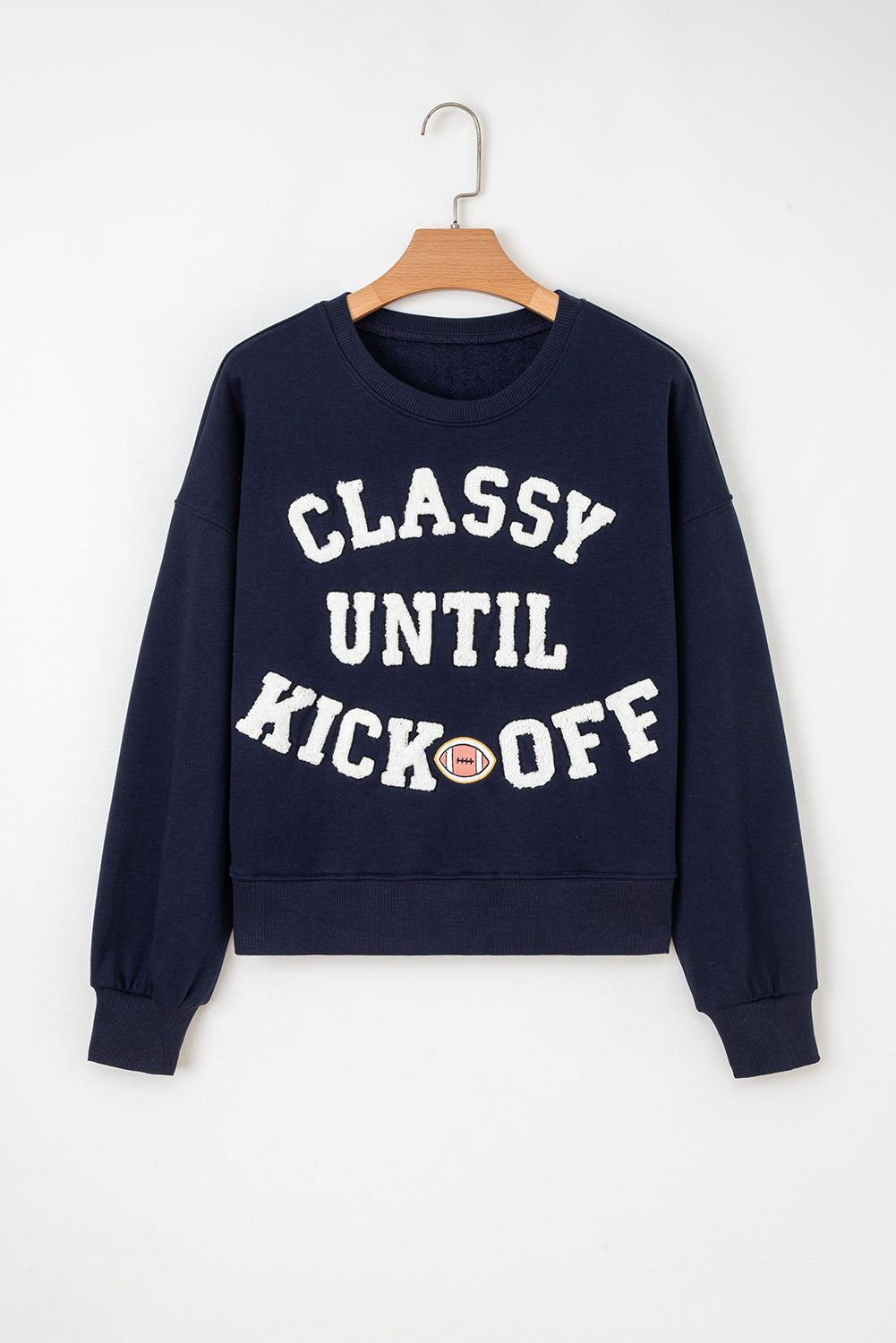 Navy Blue ‘CLASSY UNTIL KICKOFF’ Patched Sweatshirt
