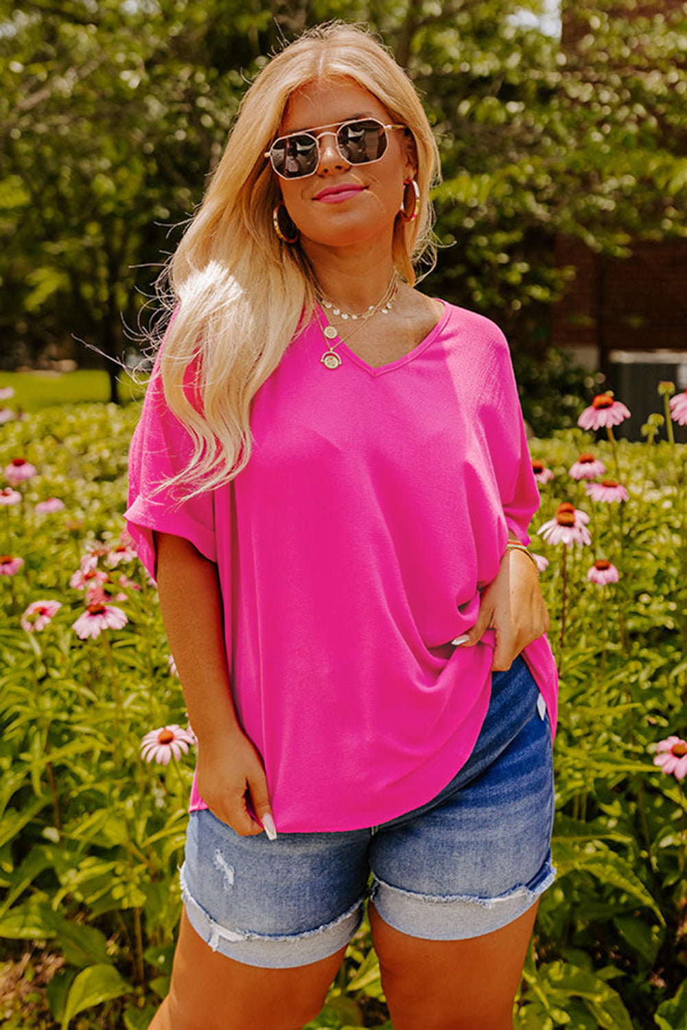 Bright Pink Seamed V Neck Cuffed Sleeve Plus Size Tee