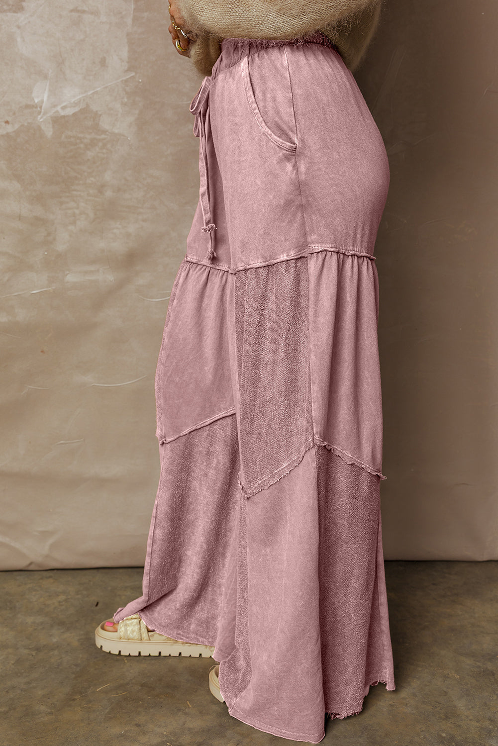 Mineral Wash Tiered Wide Leg Patchwork Pants