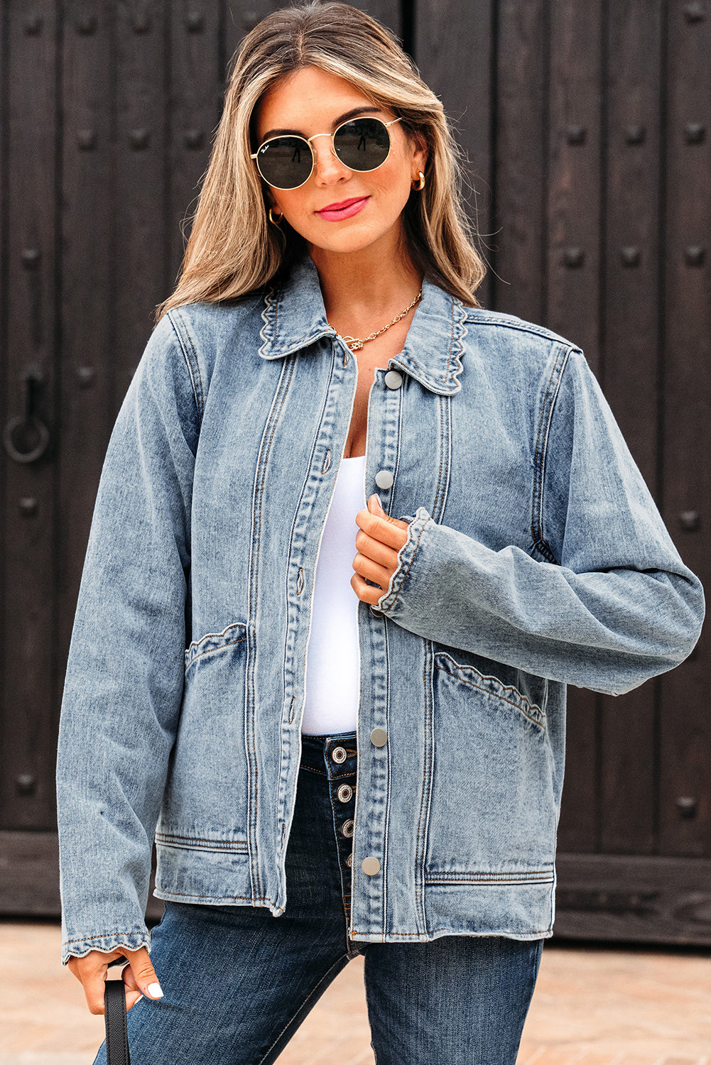 Light Wash Scallop Trim Button Up Denim Jacket