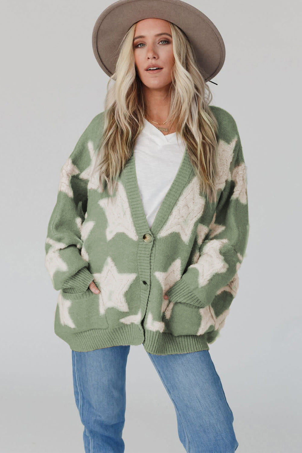 Green Sherpa Star Pattern Sweater Cardigan with Pockets