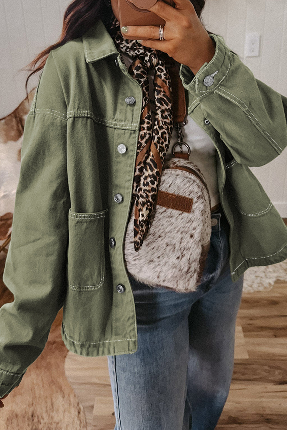 Faded Green Patched Boyfriend Denim Jacket
