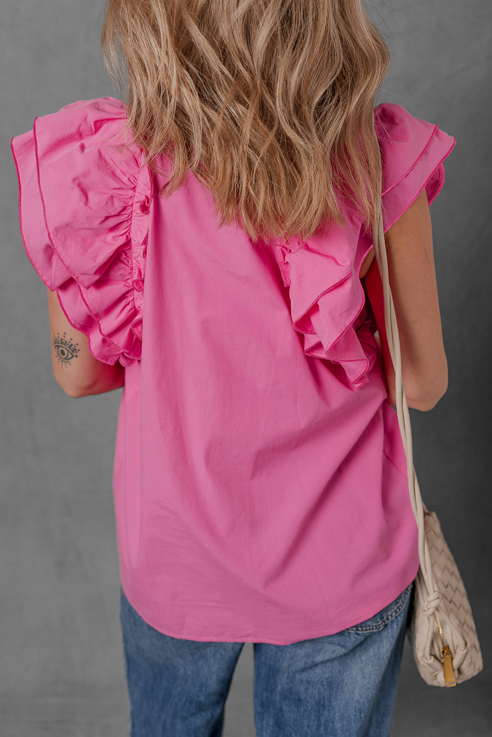 Pink Tie up V Neck Ruffled Sleeve Blouse