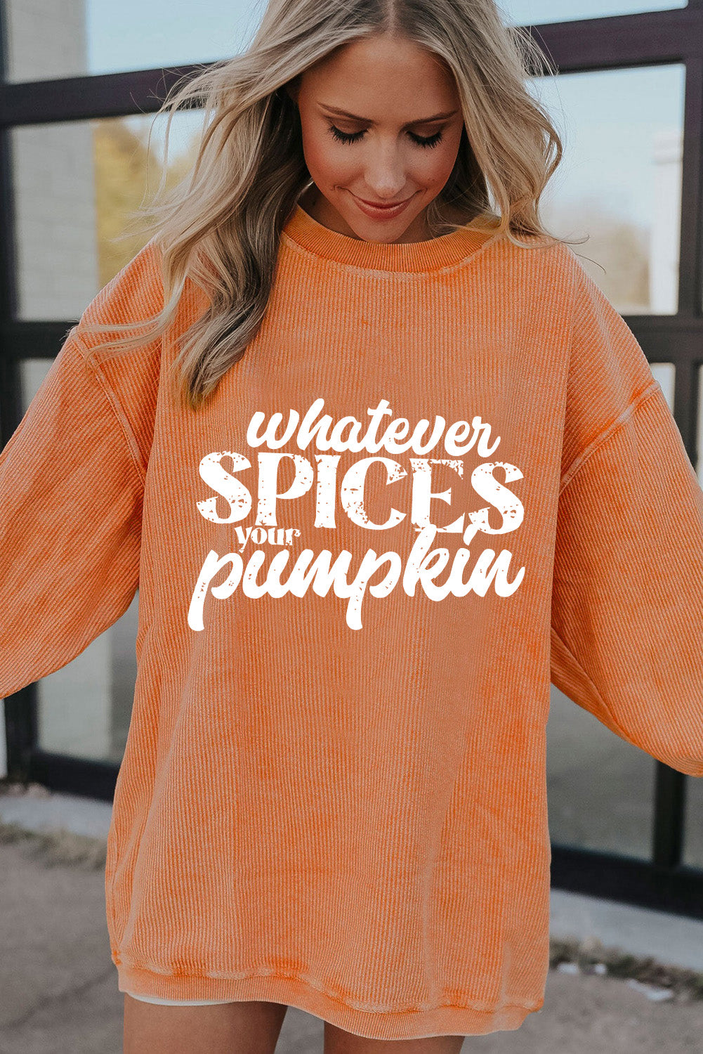 Orange ‘Whatever Spices Your Pumpkin’ Corded Pullover Sweatshirt