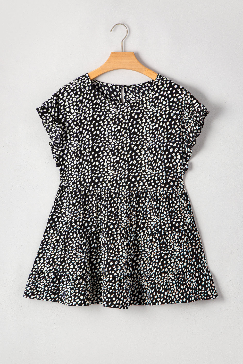 Black Leopard Print Ruffled Plus Size Blouse