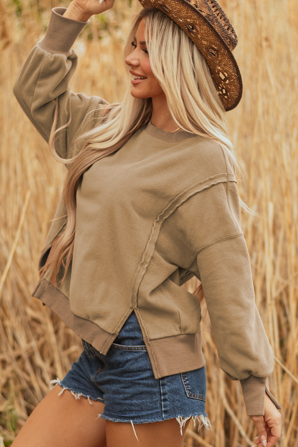 Dark Khaki Pullover Sweatshirt with Side Slit