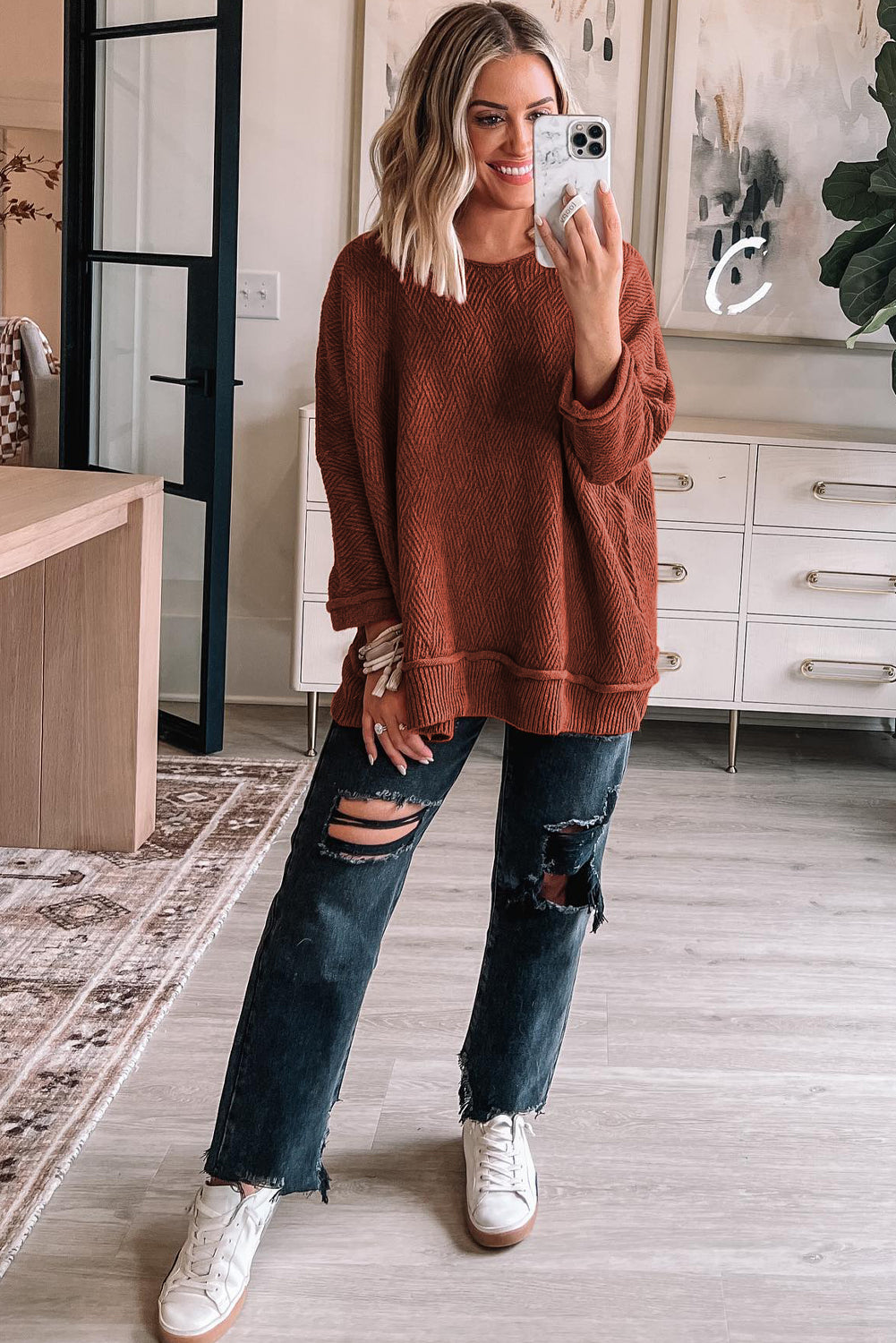 Burnt Orange Textured Crew Neck Sweater