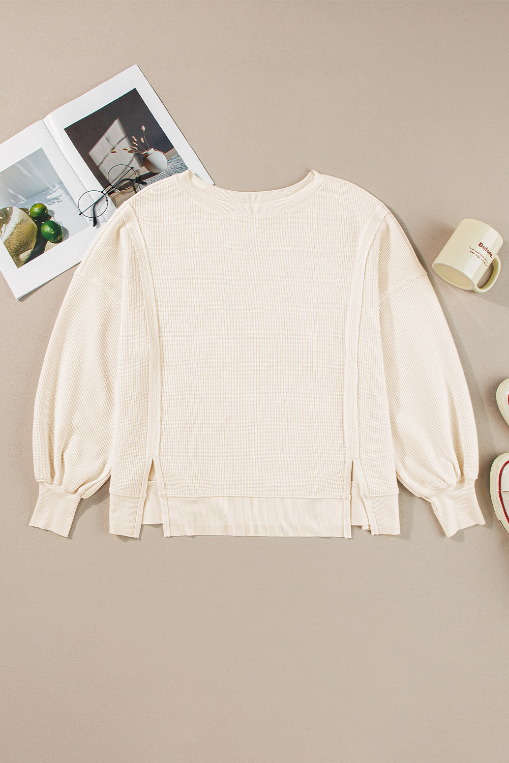 White Waffle Knit Oversized Top