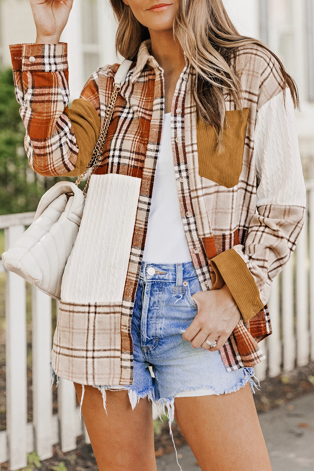 Orange Plaid Color Block Patchwork Jacket