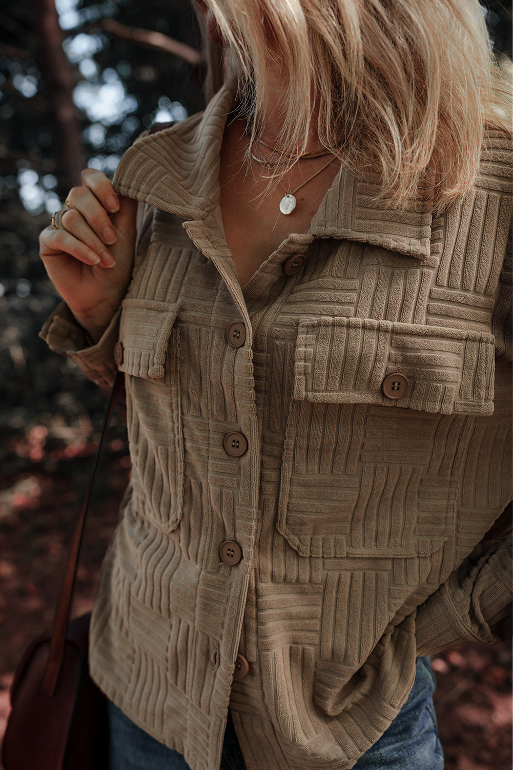 Khaki Textured Pocket Button-up Shacket