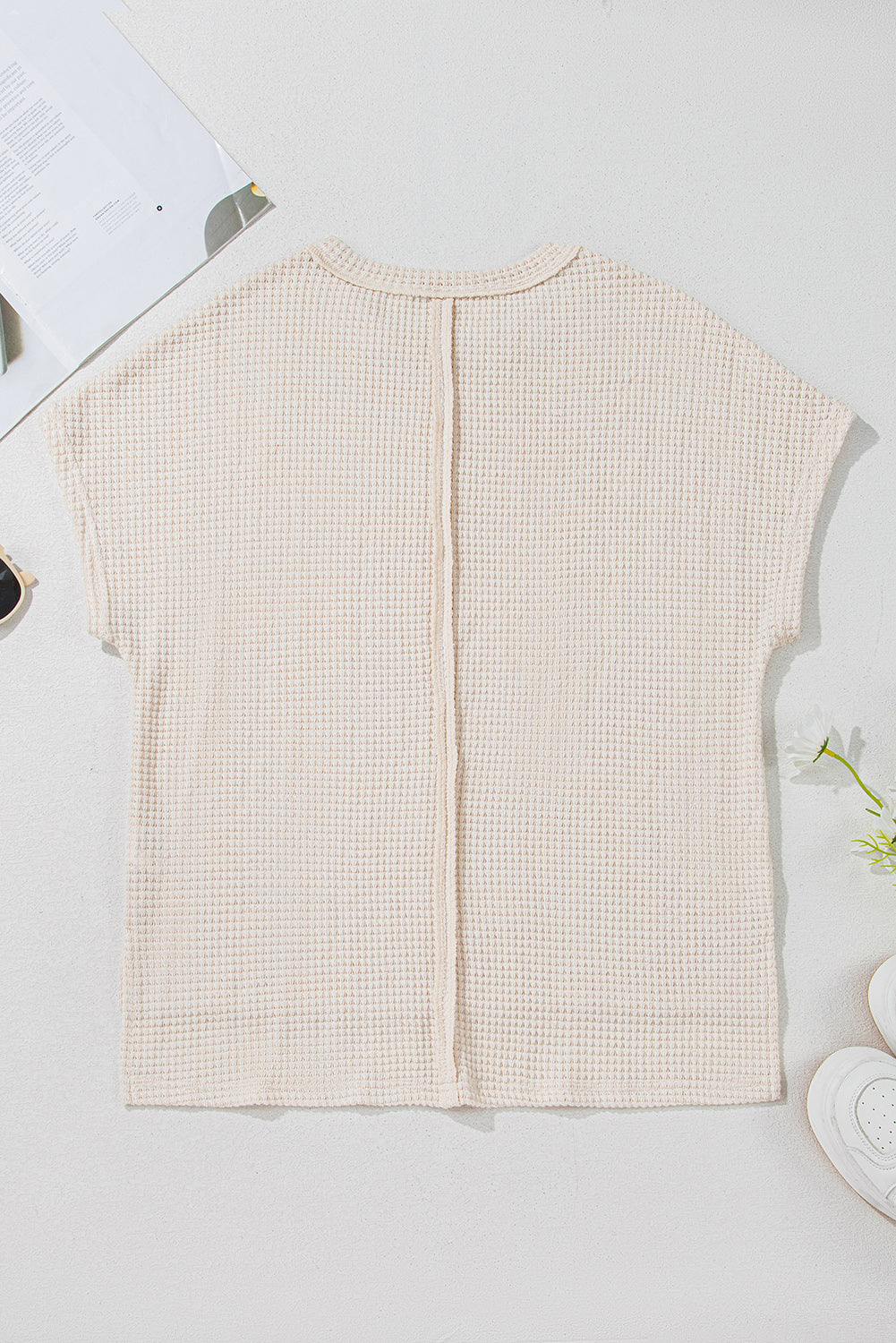 Khaki Textured Seamed Short Sleeve Top