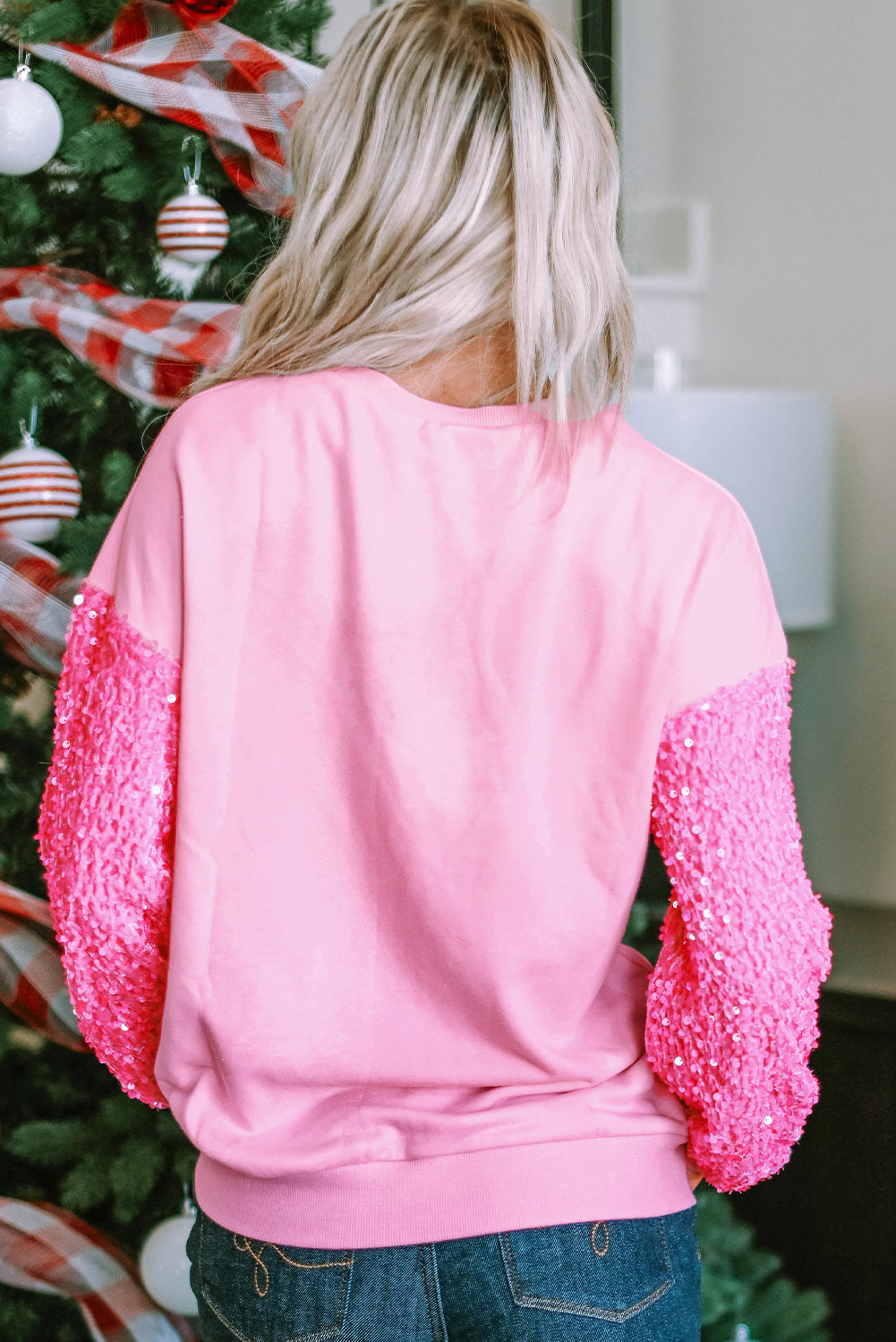 Pink Sequin Sleeve Pullover Top