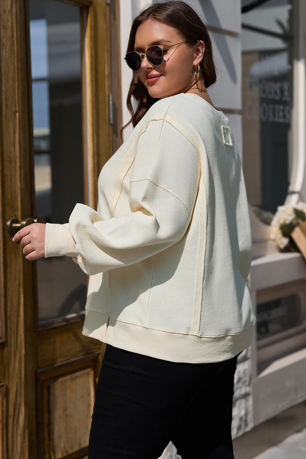 White Solid Color Waffle Knit Plus Size Sweatshirt