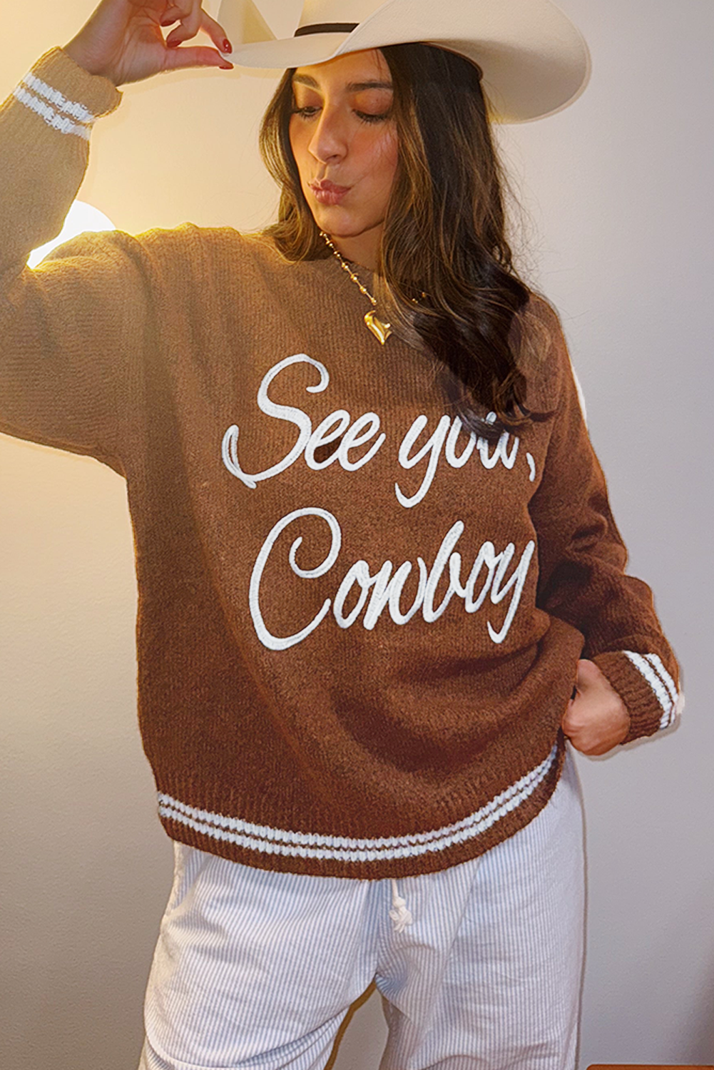 Brown ‘See You Cowboy’ Embroidered Western Sweater