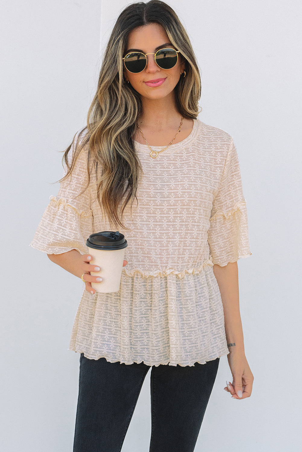 Beige Textured Short Sleeve Blouse
