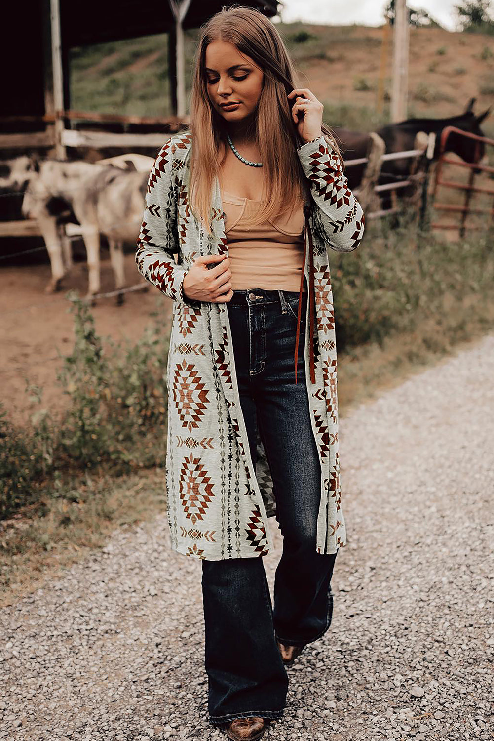 Brown Western Aztec Open Front Long Cardigan