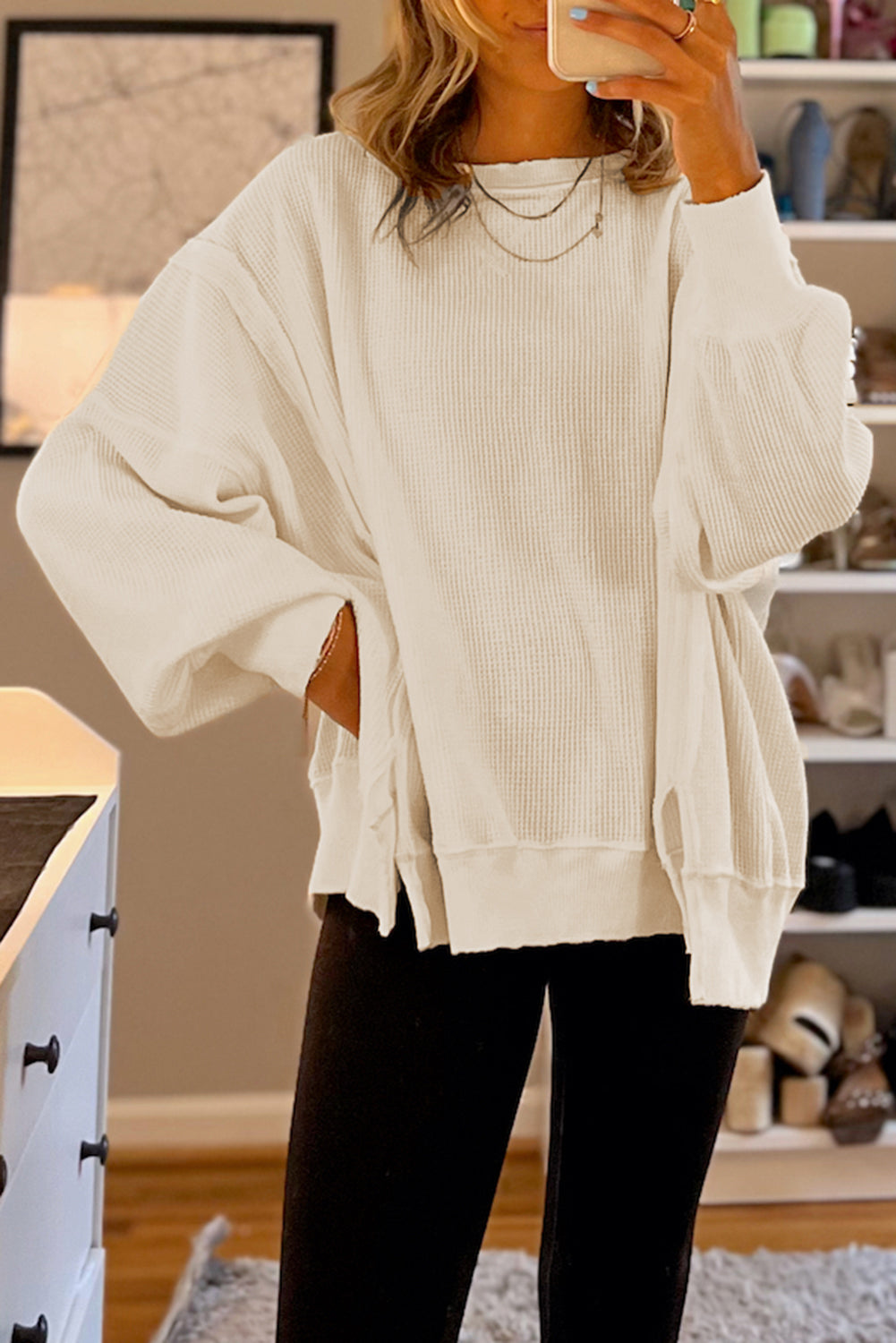 White Waffle Knit Oversized Top