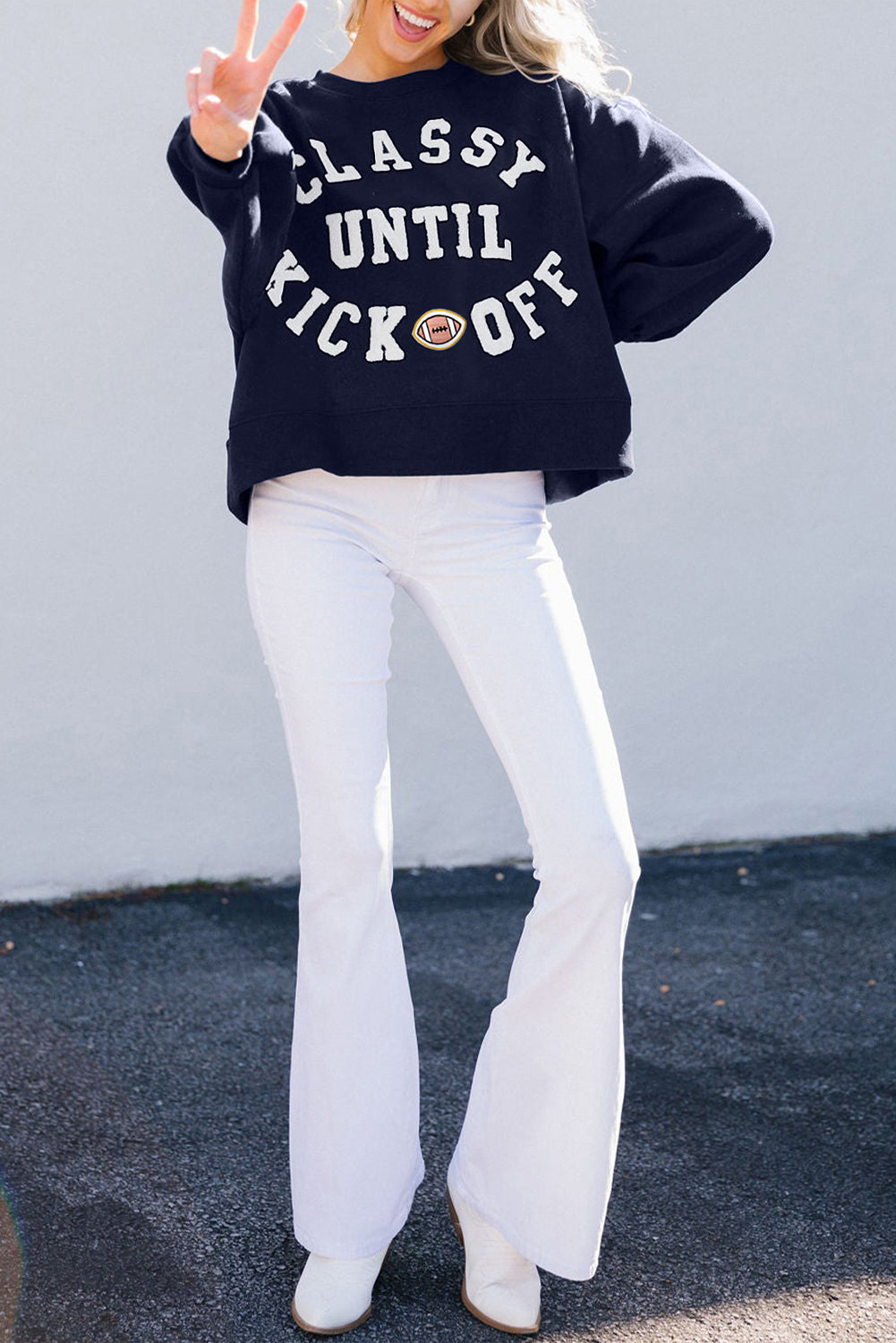 Navy Blue ‘CLASSY UNTIL KICKOFF’ Patched Sweatshirt