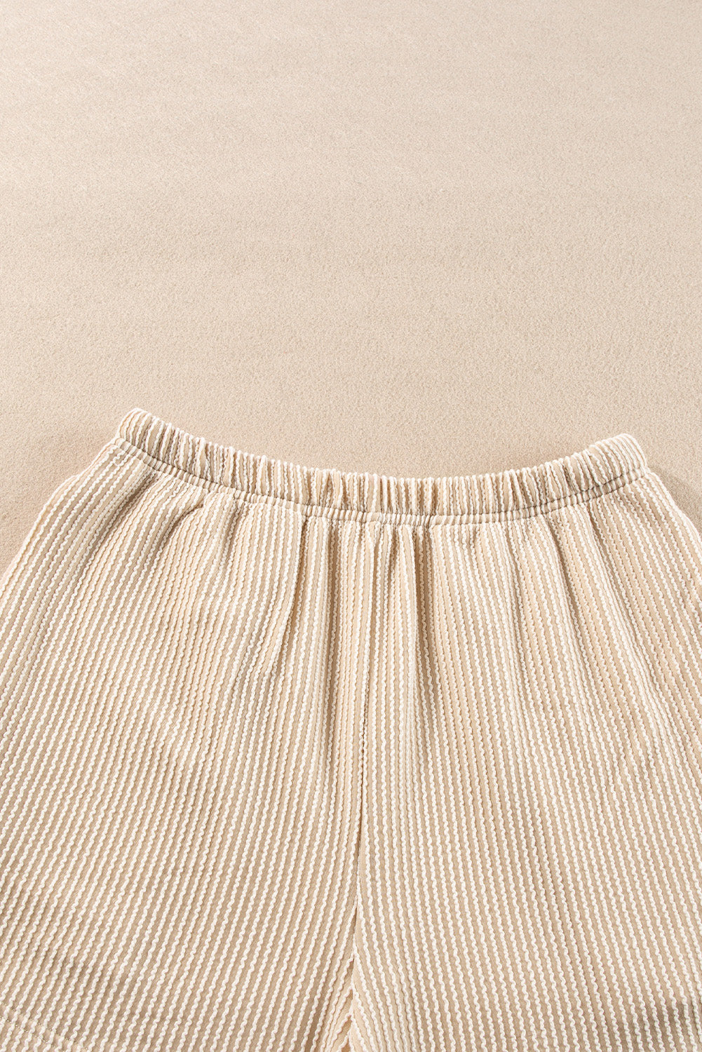 Beige Corded Knit Long Sleeve Top and High Waist Shorts Set