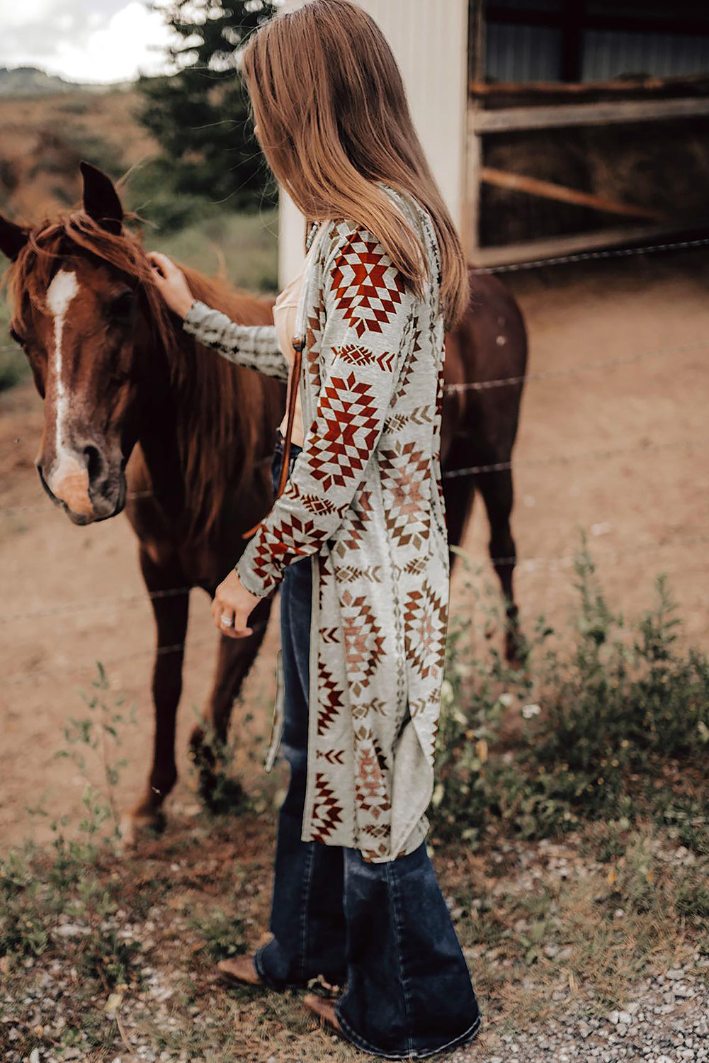 Brown Western Aztec Open Front Long Cardigan