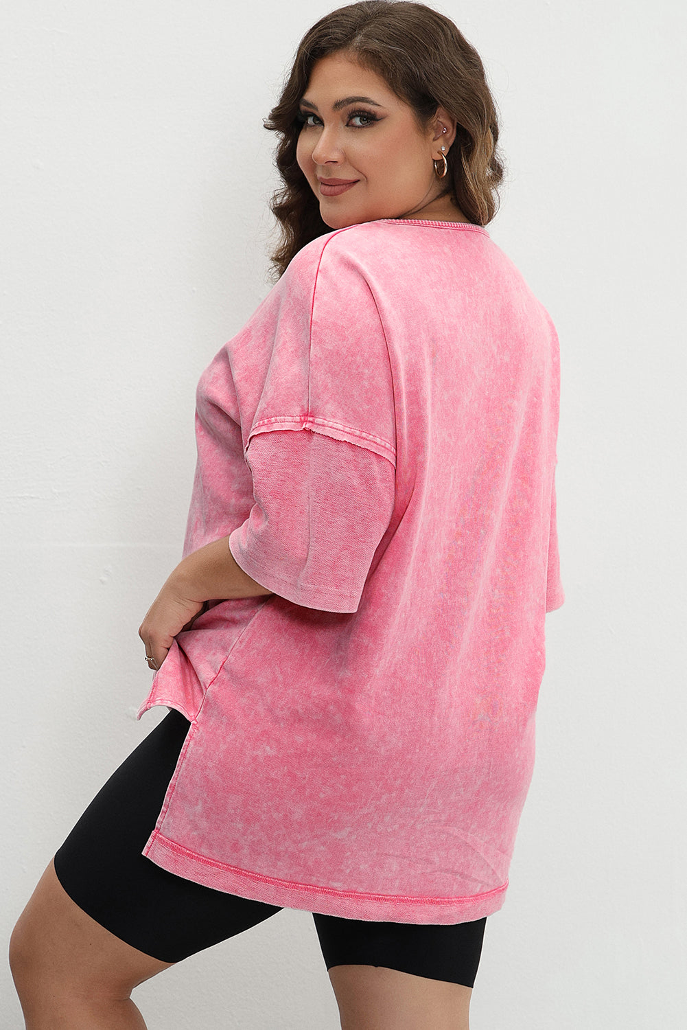 Strawberry Pink Mineral Wash Drop Sleeve Plus Size Tee
