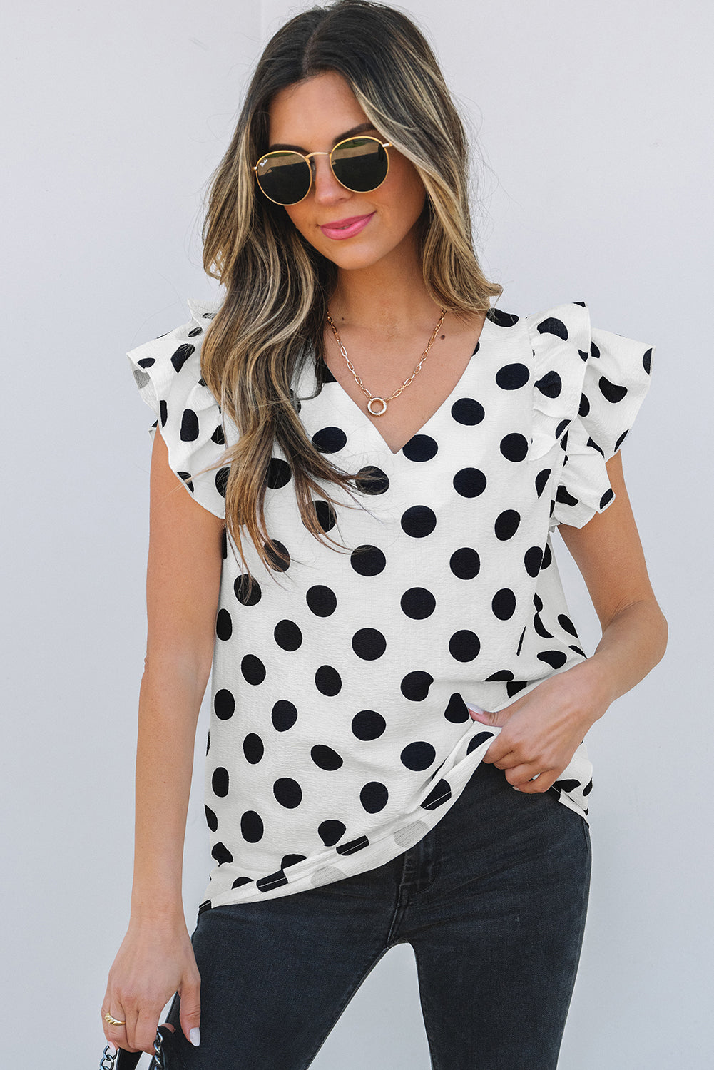 White Polka Dot Ruffled Sleeve V Neck Blouse