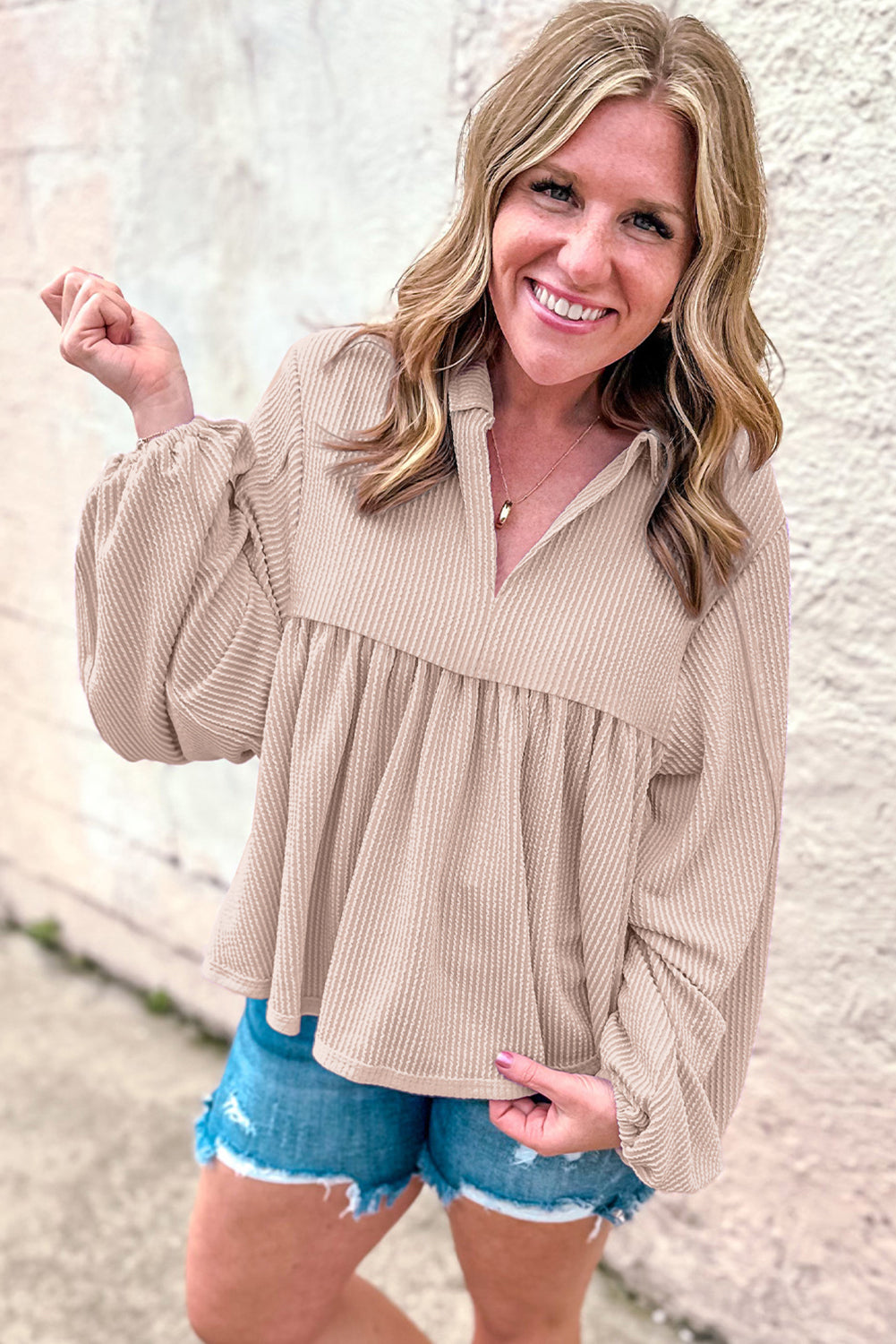 Parchment Corded V Neck Babydoll Blouse