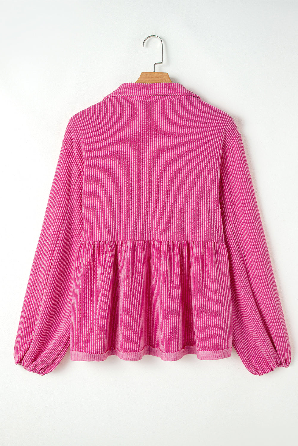 Bright Pink V Neck Bubble Sleeve Babydoll Blouse