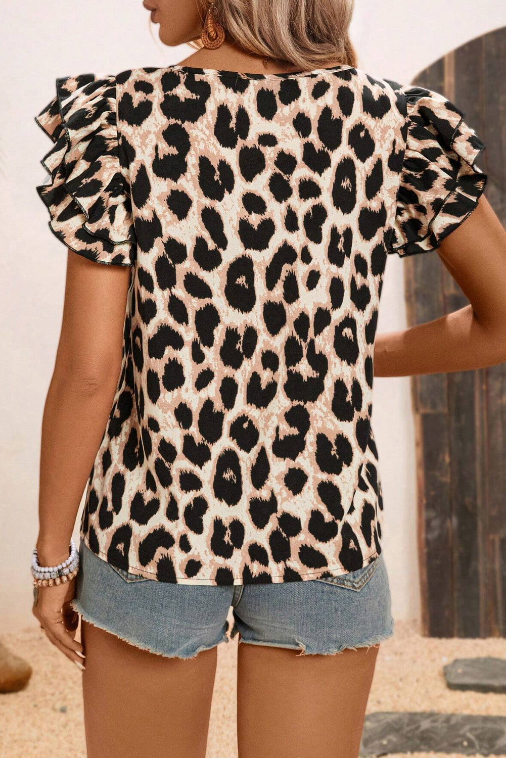 Leopard Print Ruffled Short Sleeve Blouse