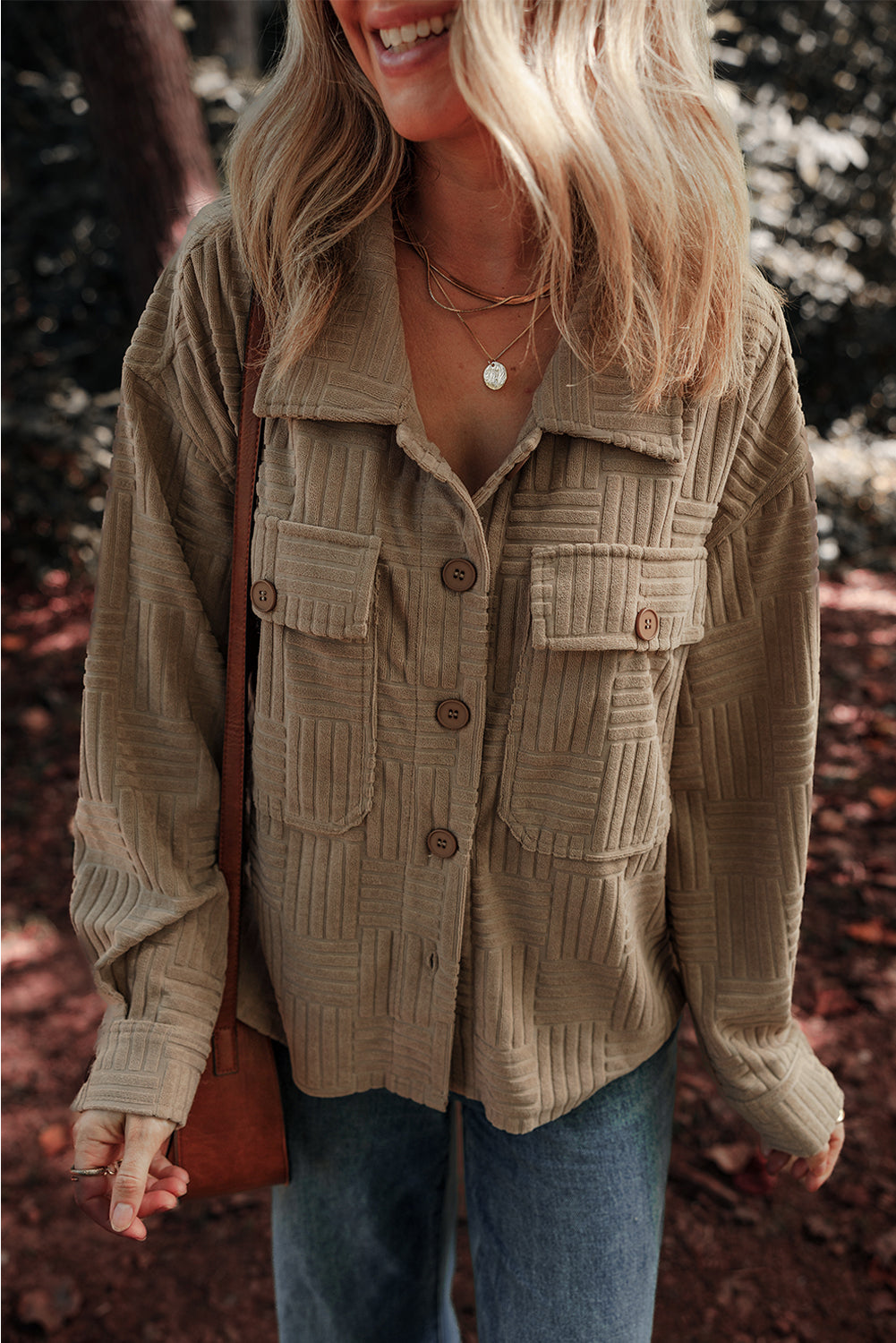 Khaki Textured Pocket Button-up Shacket