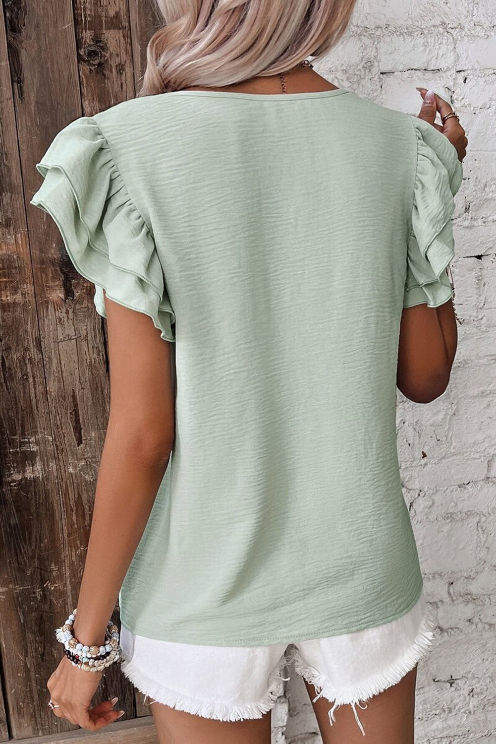 Seafoam Ruffled Short Sleeve Casual Blouse