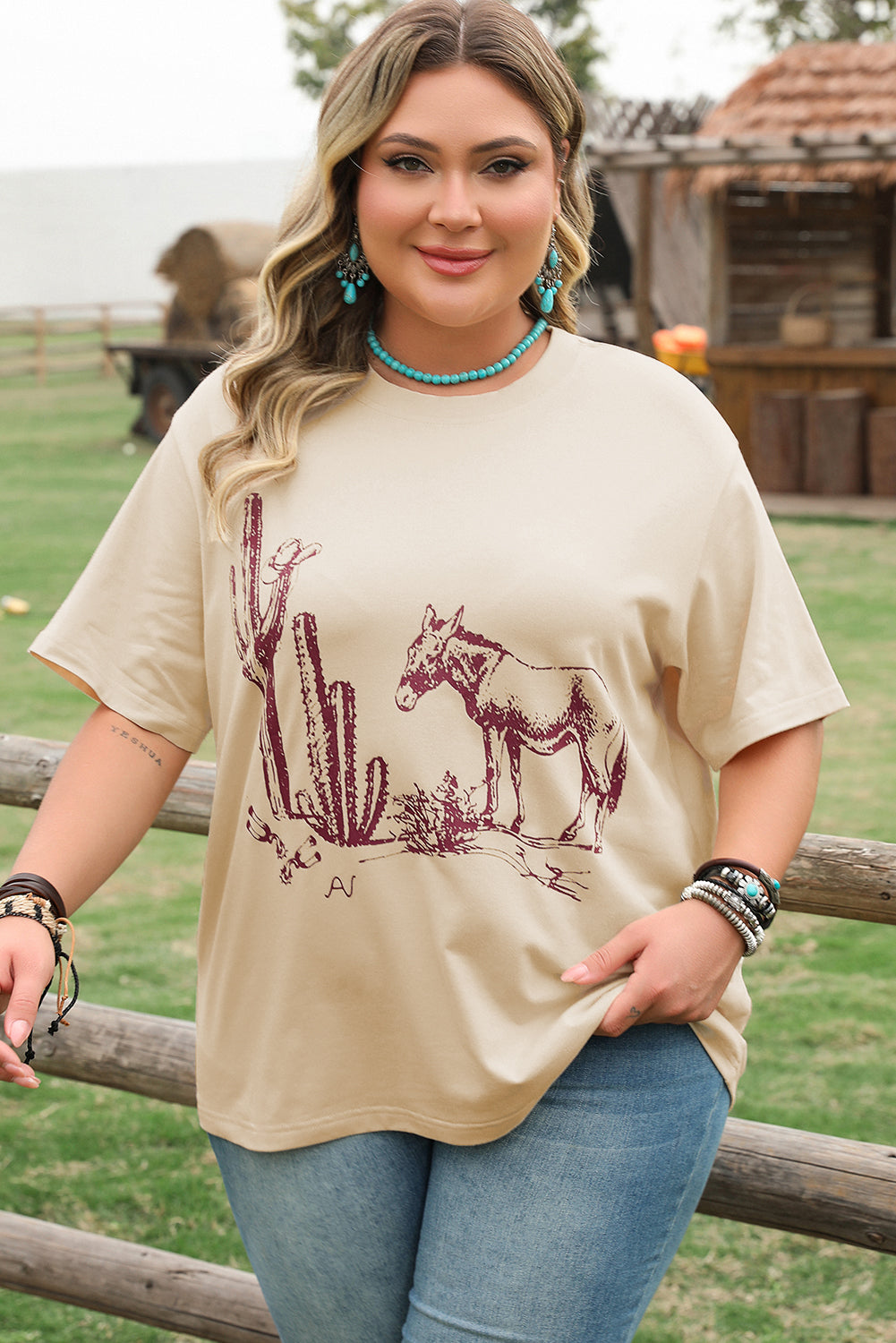 Western Burro Cactus Crew Neck Graphic Tee