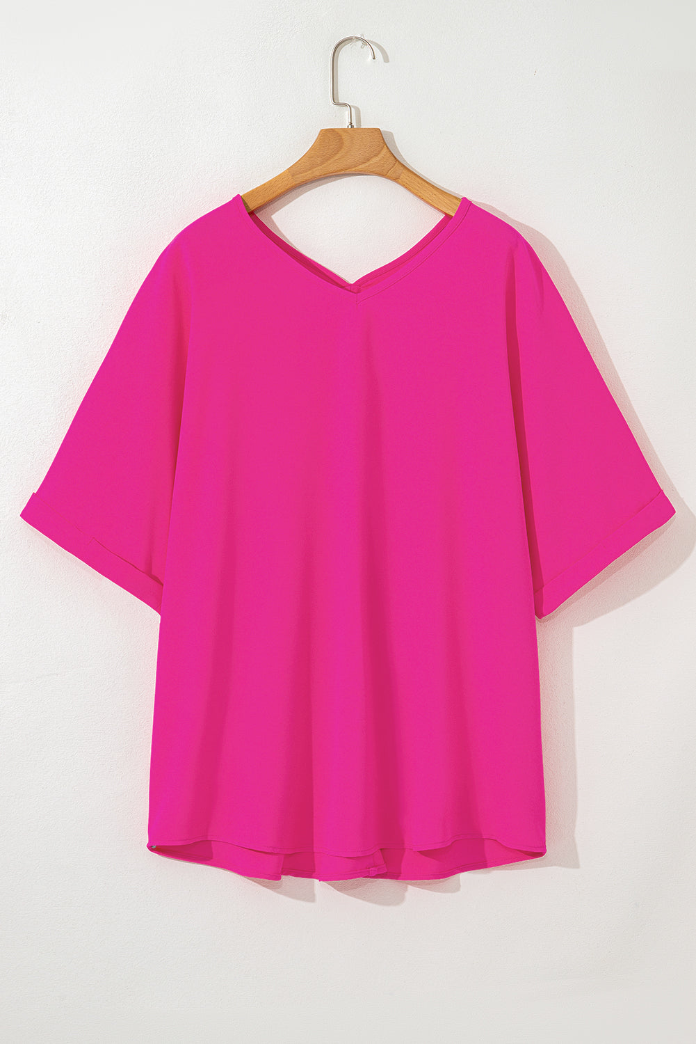 Bright Pink Seamed V Neck Cuffed Sleeve Plus Size Tee